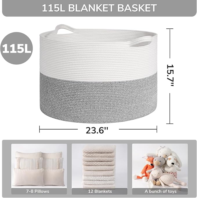 INDRESSME 115L Extra Large Woven Rope Blanket Basket Living Room Light Grey | 23.6" x 15.7" Storage baskets for toys laundry & pillows. Fits living room, bedroom or nursery décor. Soft-touch with handles