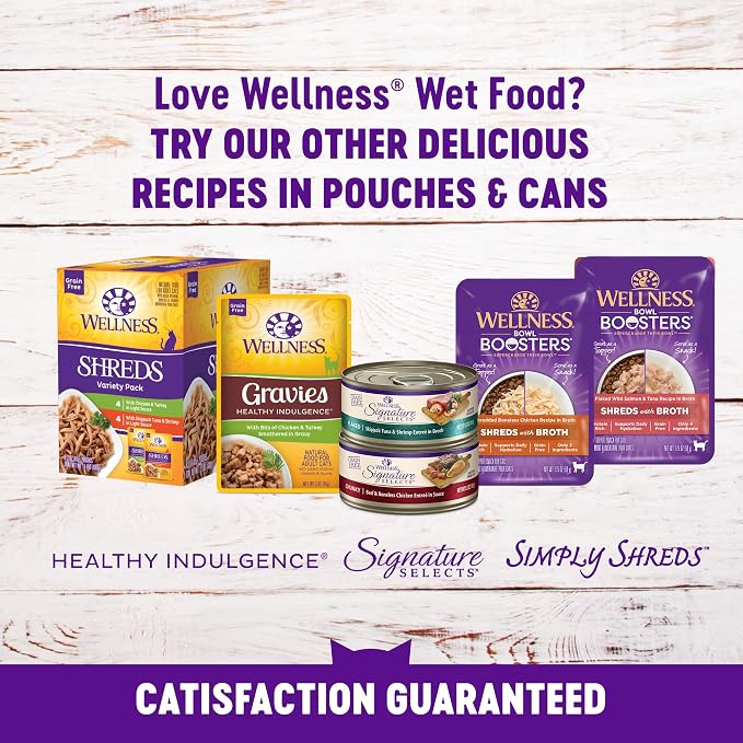 Wellness Healthy Indulgence Shreds Variety Pack Adult Wet Cat Food, Natural, Protein Rich, Grain Free, 2 Flavors, 3 oz, Pack of 8 Pouches