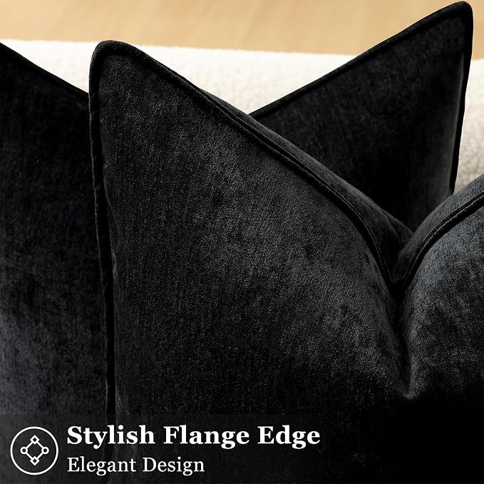 decorUhome Chenille Black Velvet Throw Pillow Covers 26x26 Set of 2 | Fall Soft Euro Sham Couch Decorative Modern Farmhouse Pillow Cases with Elegant Design for Sofa Bed Living Room Home Decor