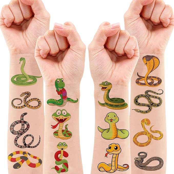 96 PCS Snake Pre-Cut Temporary Tattoos for Kids – Reptile Lizard Theme Birthday Party Favors,Cute Animal Tattoo Stickers for Boys Girls, Classroom Gifts, School Supplies, Prizes and Rewards (Normal)