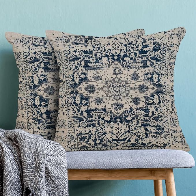 AEIOAE Boho Pillow Covers 16x16 Inch Set of 2,Carpet Pattern Throw Pillows Case,Navy Blue Beige Ethnic Design Outdoor Decorative Square Linen Farmhouse Decor Cushion Covers for Home Sofa Bed Couch