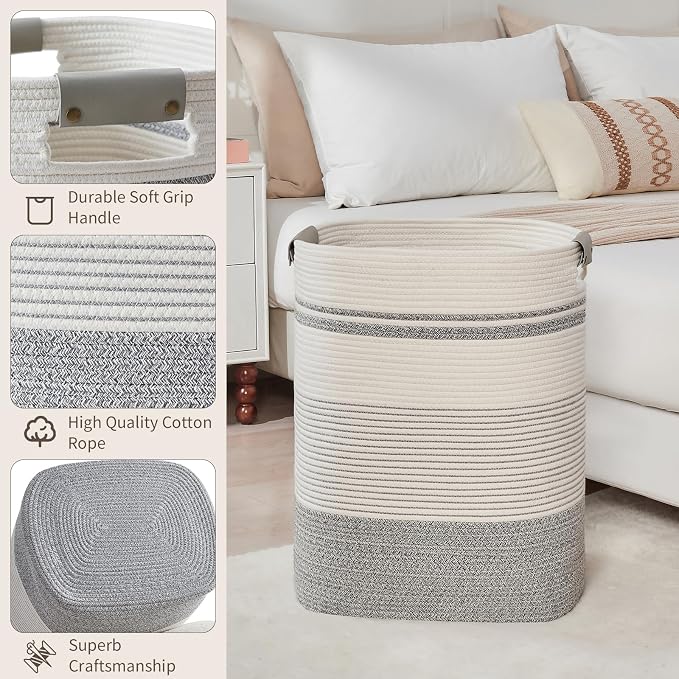 Laundry Hamper, 85L Cotton Rope Laundry Basket, Grey & White | Foldable nursery hamper with leather handles; store blankets, toys, baby clothes and laundry in bedroom or living room