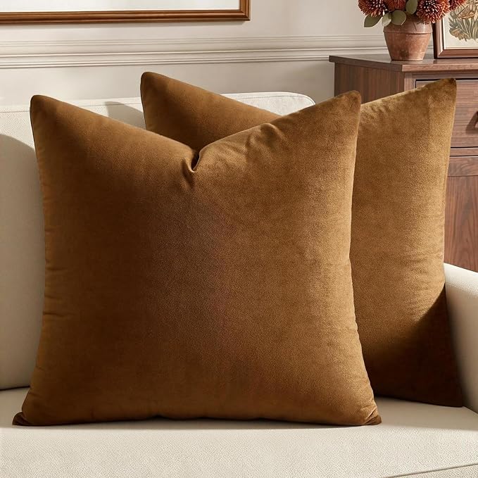 MIULEE Velvet Throw Pillow Covers 18x18 Inch Pack of 2 Golden Brown | Soft Solid Decorative Pillow Covers, Modern Luxury Home Decor, for Couch Chair Sofa Bedroom Livingroom