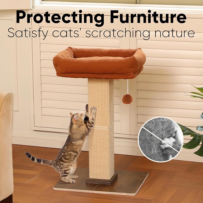 FUKUMARU Retro-Style Cat Scratching Post with Perch for Indoor Adult Cats | 28.7" Elevated Tall Cat Bed, Solid Wood Large Cat Scratcher Tower with Bed, Aesthetic Cat Tree Furniture with Natural Sisal