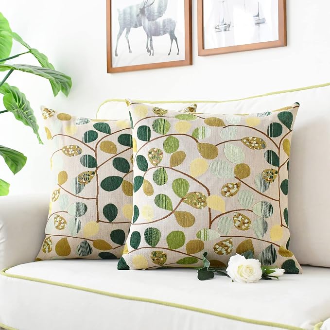 CaliTime Decorative Throw Pillow Covers 20 X 20 Inches Ecru Green | Luxury Chenille Cute Leaves Cushion Case Shell for Couch Sofa Bed Living Room Home