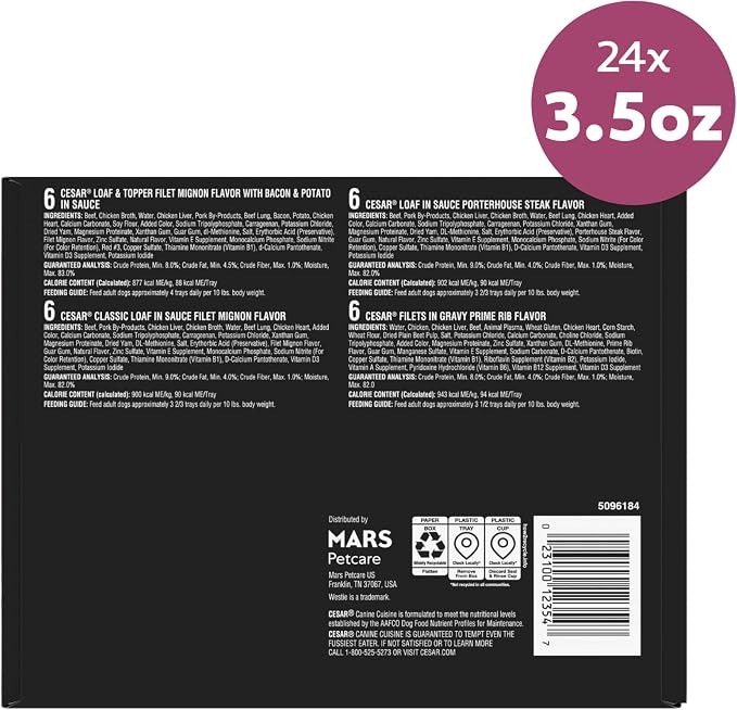 Cesar Wet Dog Food, Steak Lovers Variety Pack, 3.5 oz, 24 Count | Real meat #1 ingredient, easy peel trays, 100% complete & balanced, no fillers, no added sugar, no artificial flavors