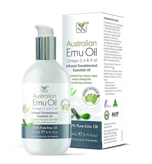 Y Not Natural Pure Emu Oil - Organic Moisture for Face, Body, Hair, Scalp & Nails - Rich in Omega 3-6-9, Vitamins & Essential Minerals - Australian Emu Oil (200ml) 6.76 fl oz - Sandalwood