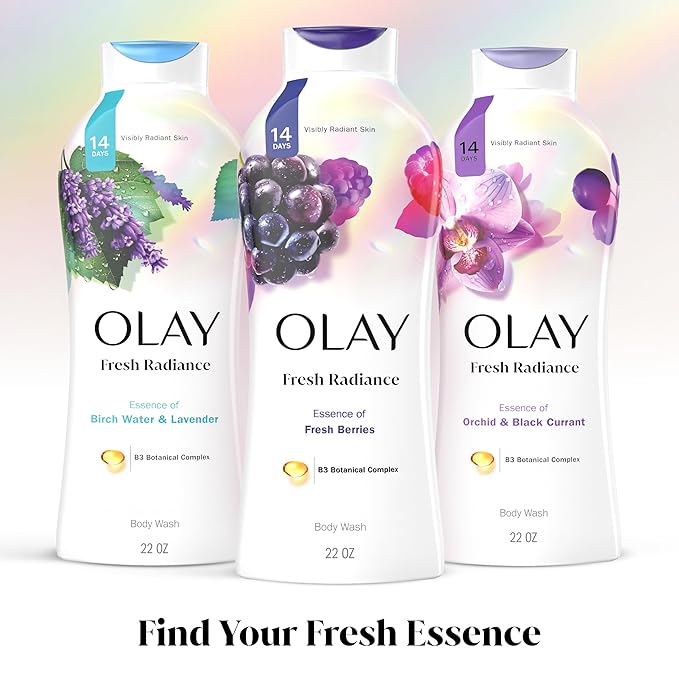 Olay Body Wash for Women, Fresh Radiance, Refreshing & Renewing, Made with Plant Based Cleansers, B3 Botanical Complex, For All Skin Types, Fresh Berries Scent, 22 fl oz (Pack of 4)