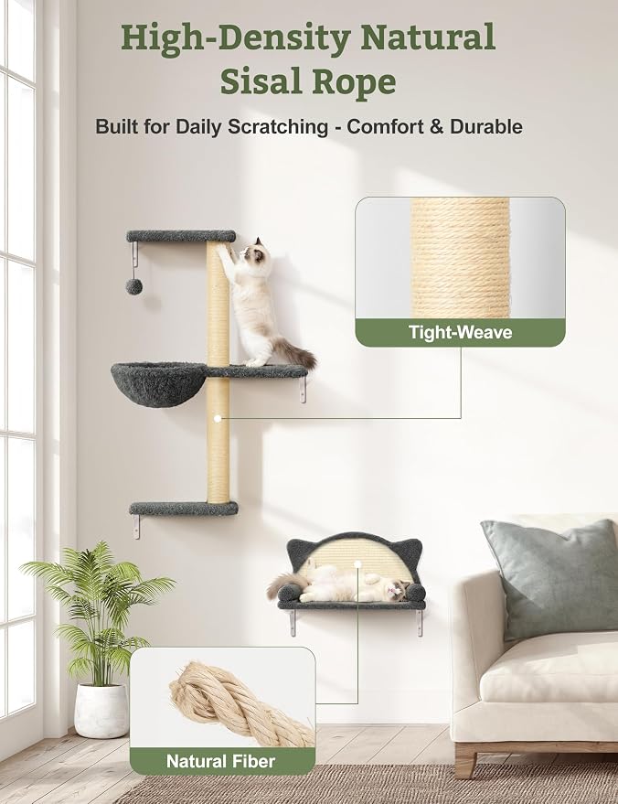 5-in-1 Cat Wall Shelves, Solid Wood Cat Wall Furniture Set for Indoor Cats | 44 lb per Shelf, 72-Hour Load Tested, Pre-Drilled, Fits 16 in. Stud Drywall & Solid Walls, for Small to Medium Cats