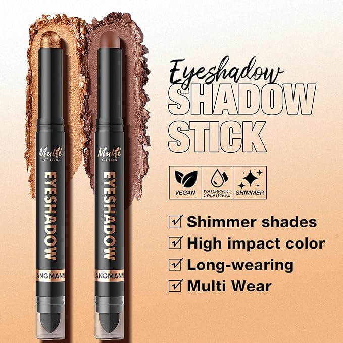 LANGMANNI 8Colors Dual-Ended Cream Eyeshadow Stick Set – Silky Smooth, Waterproof & Transfer-Proof, Built-in Blender Brush, All-Day Matte & Shimmer Wear Eye Makeup(#B)
