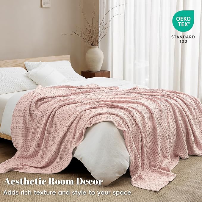PHF 100% Cotton Waffle Weave Blanket King Size, Lightweight Breathable Summer Blanket for Hot Sleepers, Pre-Washed Soft Layer for Bed, Couch, Home Decor Gift, 108"x90", Pink/Mauve