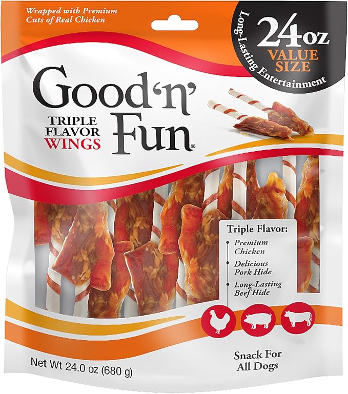 GOOD 'N' FUN Wings Long-Lasting Dog Treat Made with Real Protein, 24 oz | Premium Chicken, Pork and Beef Hide Chew, Supports Dental Health and Mental Stimulation, For Adult Dogs