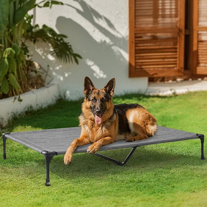 Veehoo Outdoor Elevated Dog Bed Large Sized Dogs, Cooling Raised Dog Cots | Off-ground training platform, portable camping hammock, breathable mesh, easy to clean, no-tool setup, 49"x33", Black Silver