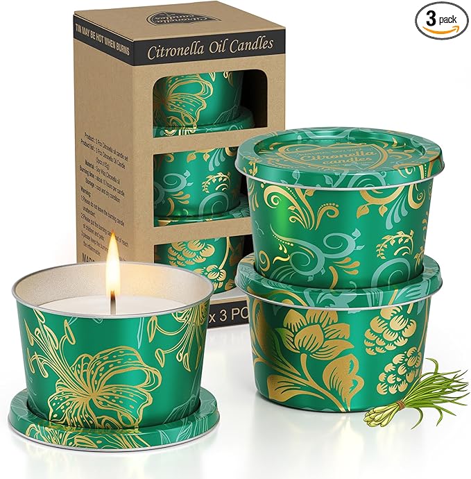 Portable Citronella Candles for Outdoor Patio - 3 Pack 2.2oz Travel Size Natural Soy Wax Candles in Shatterproof Tins, 30 Hours Total Burn Time for Camping, Fishing, Backyard Party & Deck Décor