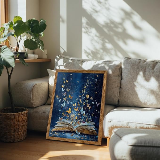JLTULT Book Wall Art with Butterflies, Solid Wood-Framed Canvas, 20x30 in | Blue open-book art with butterflies on fade-resistant canvas and a ready-to-hang solid wood frame for bedrooms and studies