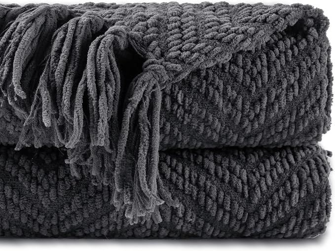 BATTILO HOME Dark Grey Throw Blanket for Couch, 50"x60" | Knit Charcoal Throw Blanket Versatile for Chair, Super Soft Warm Grey Blanket with Tassels for Bed, Sofa and Living Room
