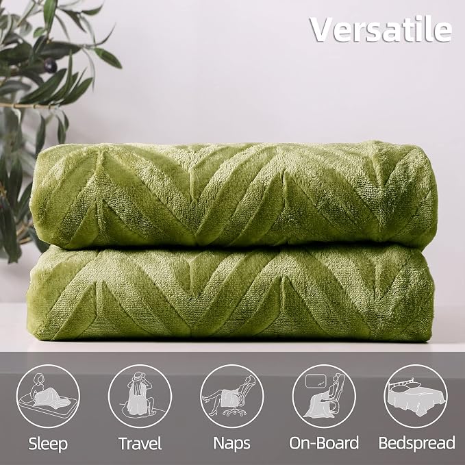 Whale Flotilla Flannel Fleece Fall Bed Blanket Queen Size, Olive Green | Lightweight Breathable Soft Bedspread, Plush Fluffy Coverlet Chevron Design Decorative Blanket for Home Life, 90x90 Inch