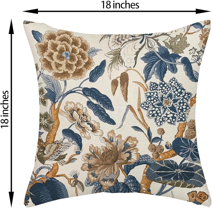 Grwon Navy Blue Pillow Covers 18x18 Inch Set of 2 Vintage Blue Floral Throw Pillows Chinoiserie Flower Decorative Pillow Case Outdoor Linen Farmhouse Cushion Cover for Couch Sofa Decorations