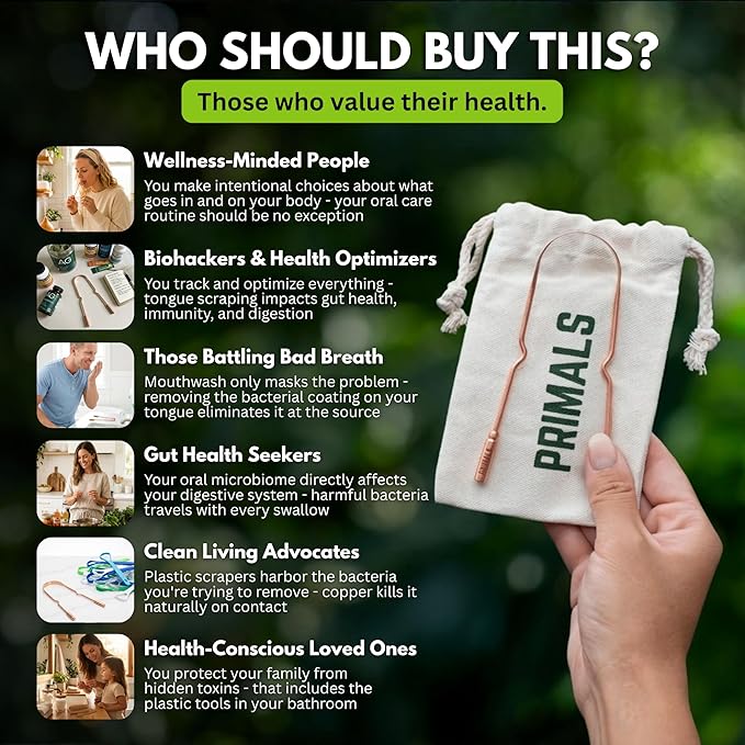 PRIMALS Copper Tongue Scraper - Fresher Breath & Improved Oral Health - Natural Ayurvedic Cleaner for Daily Detox - Rust-Resistant, Eco-Friendly with Travel Cloth Pouch Included (1 Count)