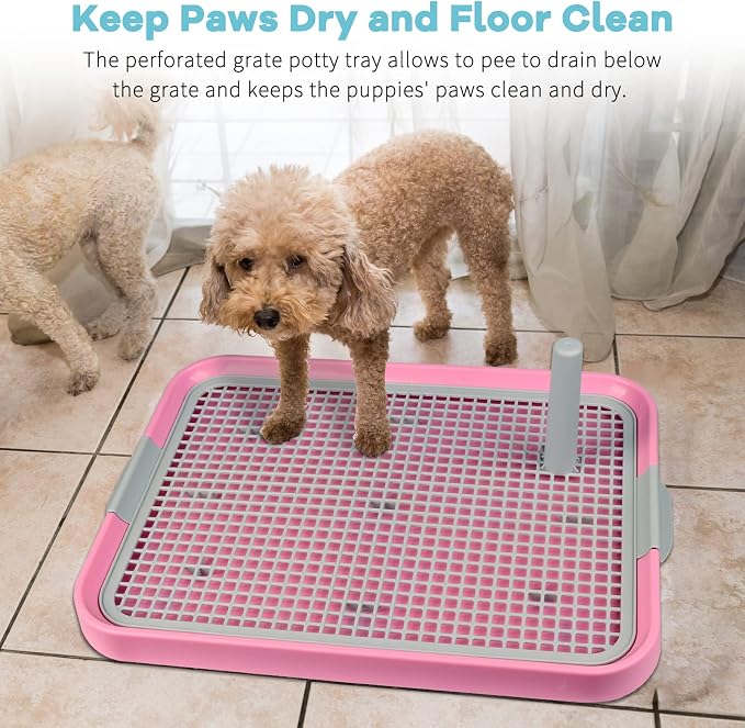 CUHIOY Dog Potty Tray Toilet 20"x14", Indoor Pee Pad Holder, Pink | With 8pcs Training Pads, Puppy Pee Mesh Potty Pan, Secure Latch Doggy Bathroom Litter Box for Small Medium Puppies