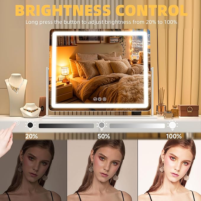 Vanity Mirror with Lights, 23.6'' x 20'' Lighted Makeup Mirror, Touch Screen with 3-Color Lighting, Dimmable for Vanity Desk Tabletop Round White