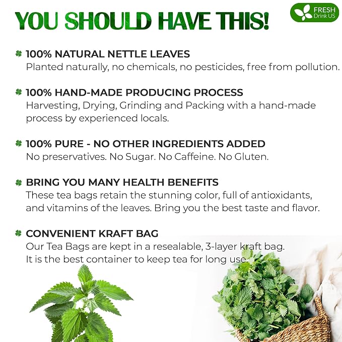 FreshDrinkUS, Premium 135 Nettle Leaf Tea Bags, 100% Natural & Pure, Stinging Nettle Leaf Tea, Burn Nettle, Stinging Nettle, Stinger Tea, No Sugar/Caffeine/Gluten, Vegan