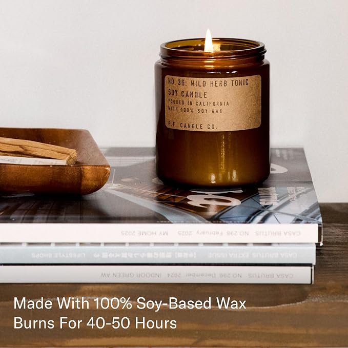P.F. Candle Co. Wild Herb Tonic Classic Standard Scented Soy Wax Candle (7.2 oz) 40-50 Hour Burn Time, Amber Glass Jar, Made in The U.S.A.