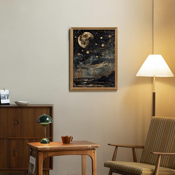 ICHZUMW Framed Moon and Stars Celestial Vintage Canvas Wall Art 12x16 In | Dark Moody Night Sky Painting, Gothic Dark Academia Wall Decor for Bedroom Living Room Bathroom Office, Ready to Hang