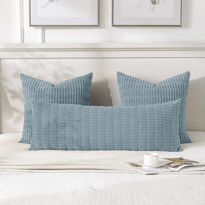 Fancy Homi Decorative Throw Pillow Covers for Bed Couch Bedroom Bench, Soft Corduroy Solid Pillow Case, Rustic Farmhouse Boho Room Decor,36" x 14" (Pack of 1),Light Blue
