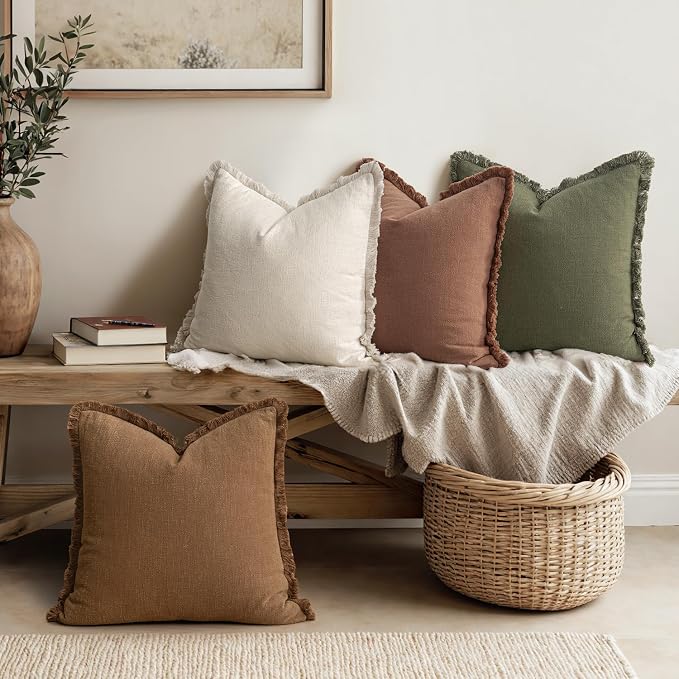 MIULEE Fall Linen Fringe Pillow Covers Set of 4 24x24 Beige/Brown/Green | Boho Farmhouse Decorative Throw Pillow Covers, Neutral Soft Rustic Cushion Cases, for Couch Sofa Bed Living Room Home Decor