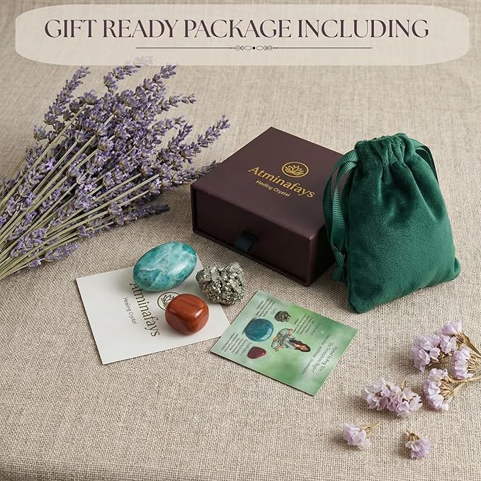 Abundance Crystal Trio: Raw Pyrite, Amazonite, Red Jasper | Wealth, Success & Worry Relief | Meditation, Travel Protection & Chakra Balancing | Gift Set with Guidebook & Velvet Pouch