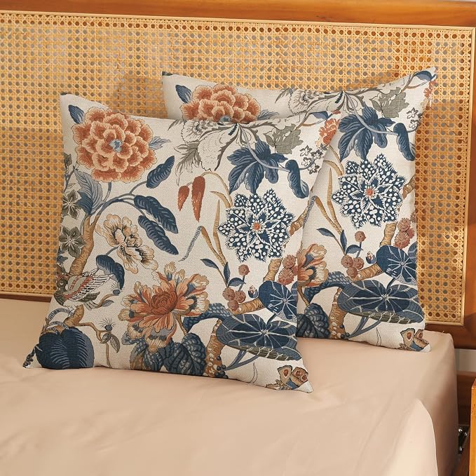 Navy Blue Orange Pillow Covers 18x18 Inch Set of 2 Vintage Blue Floral Throw Pillows Chinoiserie Flower Decorative Pillow Case Outdoor Linen Farmhouse Cushion Cover for Couch Sofa Decorations