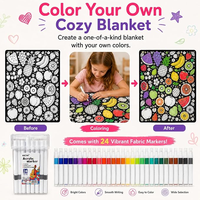VEELU DIY Coloring Blankets with 24 Colors Markers for Adults | Custom Color In Your Own Blankets With 24 Colors Markers, Snuggle Color Sketch Washable Blankets Kit Home Decor