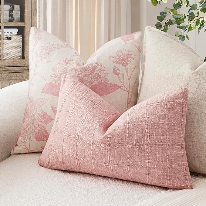 Foindtower Set of 2 Decorative Linen Check Throw Pillow Covers Neutral Farmhouse Lumbar Cushion Covers Modern Boho Accent Home Decor for Sofa Chair Couch Bedroom Living Room,12×20 Inch,Light Pink