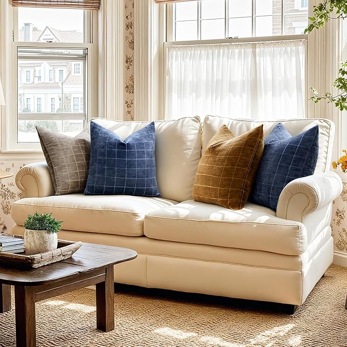 MIULEE Navy Blue Plaid Decorative Throw Pillow Covers 20x20 Set of 2 | Vintage, Check Chenille Couch Pillows, Neutral Boho Farmhouse Cushion Covers, Modern Home Decor for Sofa Bed Living Room