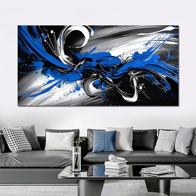Black and White Blue Large Canvas Wall Art for Living Room Framed Print Picture Painting Bedroom Office Wall Decor Modern Room Abstract Wall Decorations Artwork Size 30x60 Ready to Hang