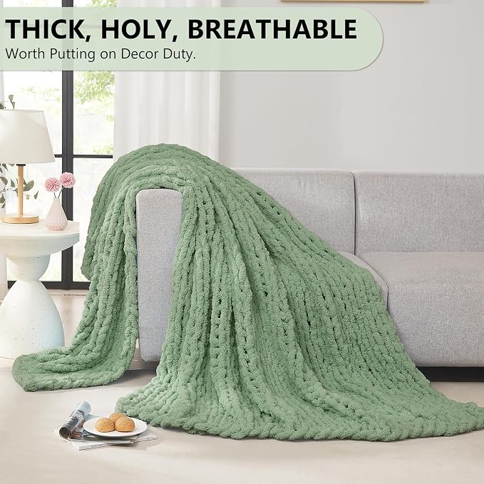 L'AGRATY Chunky Knit Throw Blanket for Couch, 60 x 80 Inches, Sage Green | Handmade Chenille Crochet Blanket for Sofa Bed, Thick Cable Knitted Blankets for Room Home Decor, Birthday Gift for Women Mom