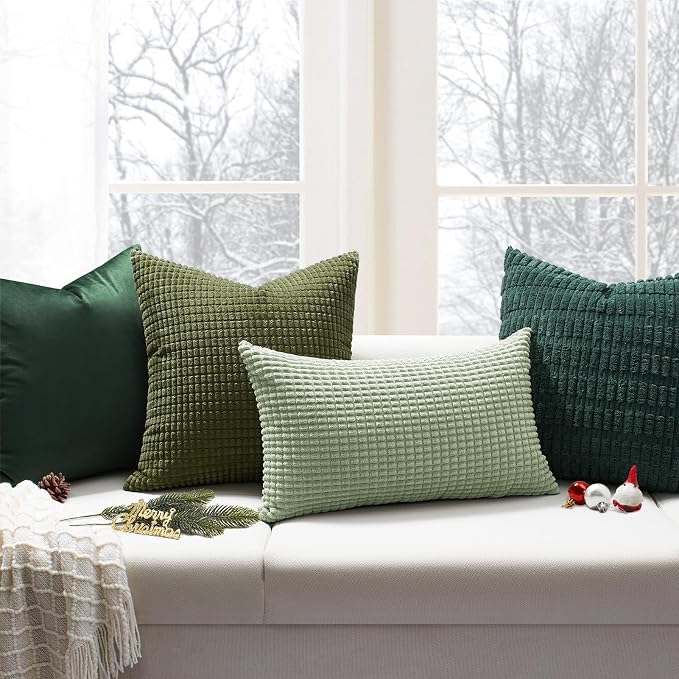 Softalker 2 Pack Corduroy Decorative Throw Pillow Covers 12x20, Olive Green | Soft Boho Striped Pillow Cases, Couch Fluffy Cushion Covers for Farmhouse Home Decor Bed Living Room