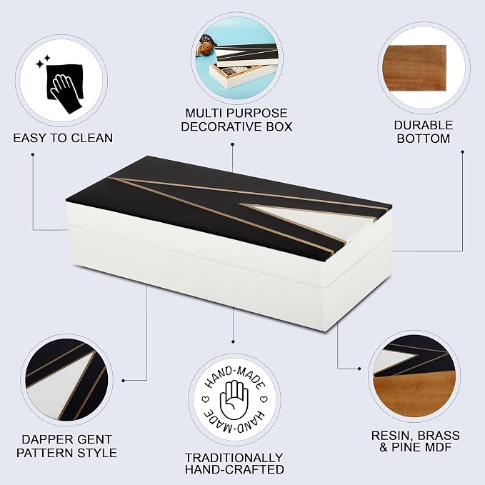 Handicrafts Home Black and White Decorative Storage Box with Lid- Coffee Table Storage Box, Handmade Resin Inlay Wooden Box, Remote Control Holder, Decorative Organizer, Keepsake Box- 10x4.5x2.5