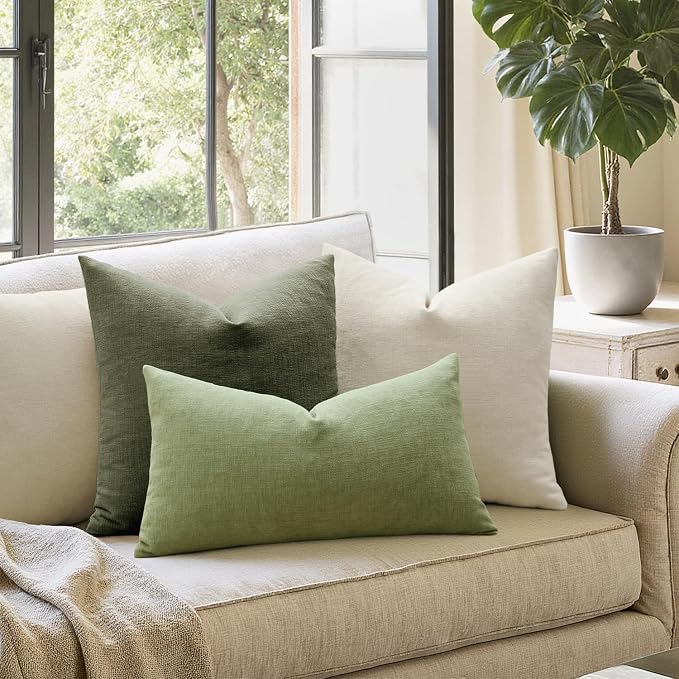 MIULEE Olive Green Chenille Couch Throw Pillow Covers, 18x18 | Set of 2, Soft Modern Farmhouse Style, Decorative Pillowcases for Sofa Living Room Bed, Home Decor