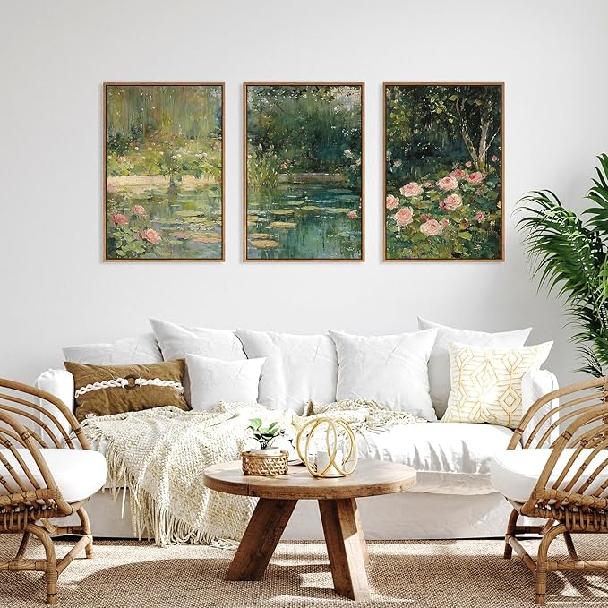 FWIEXA Monet Framed Canvas Wall Art Set, Impressionist Floral Garden Wall Decor, 3 Piece Claude Monet Botanical Artwork, 16x24 Inches Nature Landscape Prints for Living Room, Bedroom