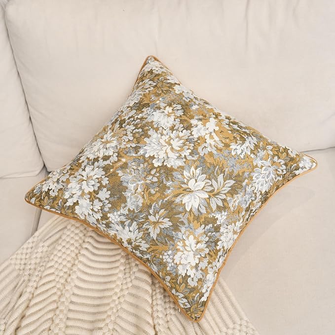 Alerfa Yellow Neutral Floral Pillow Cover 20 x 20 Inch, Vintage Chenille Square Couch Pillow Cover Soft Decorative Farmhouse Accent Pillowcase for Living Room Bedroom