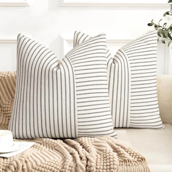YCOLL Farmhouse Pillow Covers 22x22, Modern Accent Square Throw Pillow Covers Set of 2, Black and Beige Striped Patchwork Linen Decorative Pillows Cushion Covers for Couch Chair Bedroom Home Decor