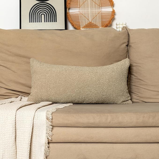 JoraLion 12x24 inch Boucle Lumbar Pillow Cover, Camel Woven Texture Neutral Long Pillow Cover Breathable Cushion Case for Couch Sofa Bed Living Room Home Decor (Cover Only)