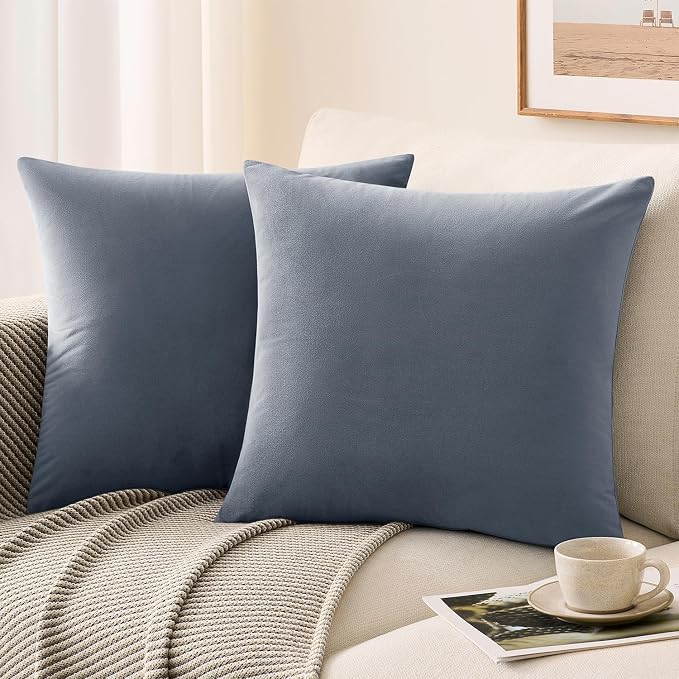 Throw Pillow Covers Set of 2 18x18 Inch Velvet Pillow Covers, Soft Blue Grey Decorative Covers for Couch Sofa Bed Living Room, Neutral Farmhouse Covers, Home Boho Decor