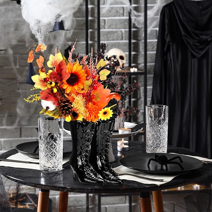 1 Pairs Halloween Flower Vase 7.1 Inch Witch Boot Vase Black Ceramic Gothic Planter Halloween Table Centerpieces for Indoor Outdoor Home Office Decor