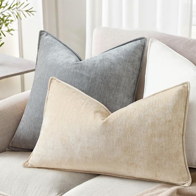 decorUhome Chenille Beige Velvet Throw Pillow Covers 12x20 Set of 2 | Fall Soft Lumbar Couch Decorative Modern Farmhouse Pillow Cases with Elegant Design for Sofa Bed Living Room Home Decor