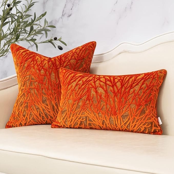 Burnt Orange Twigs Throw Pillow Cover Branches Velvet Cushion Case Neutral Pillowcase for Sofa Couch Bedroom Living Room Home Decor,18x18 Inch
