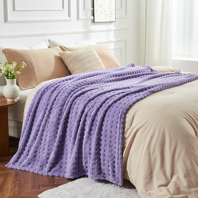 NEWCOSPLAY 3D Waffle Checkered Flannel Queen Blanket, Lavender, 90"x90" | Super Soft Cute Lightweight Decorative Premium Silky Fleece Blanket for Couch Sofa Bed, Gift for Women Men, All Season Use