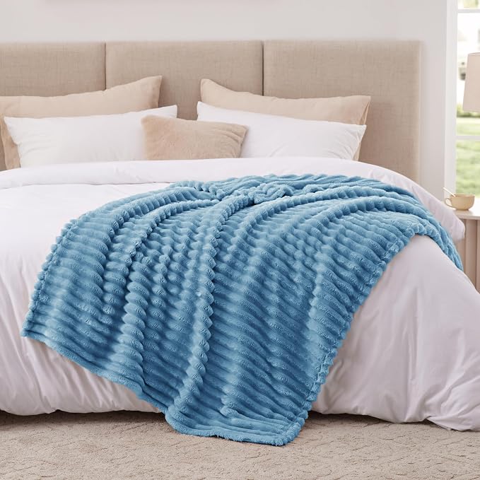 EXQ Home Fleece Throw Blanket for Couch or Bed - 3D Stripe Jacquard Decorative Blankets - Cozy Soft Lightweight Fuzzy Flannel Blanket Suitable for All Seasons(50"×60",Blue)